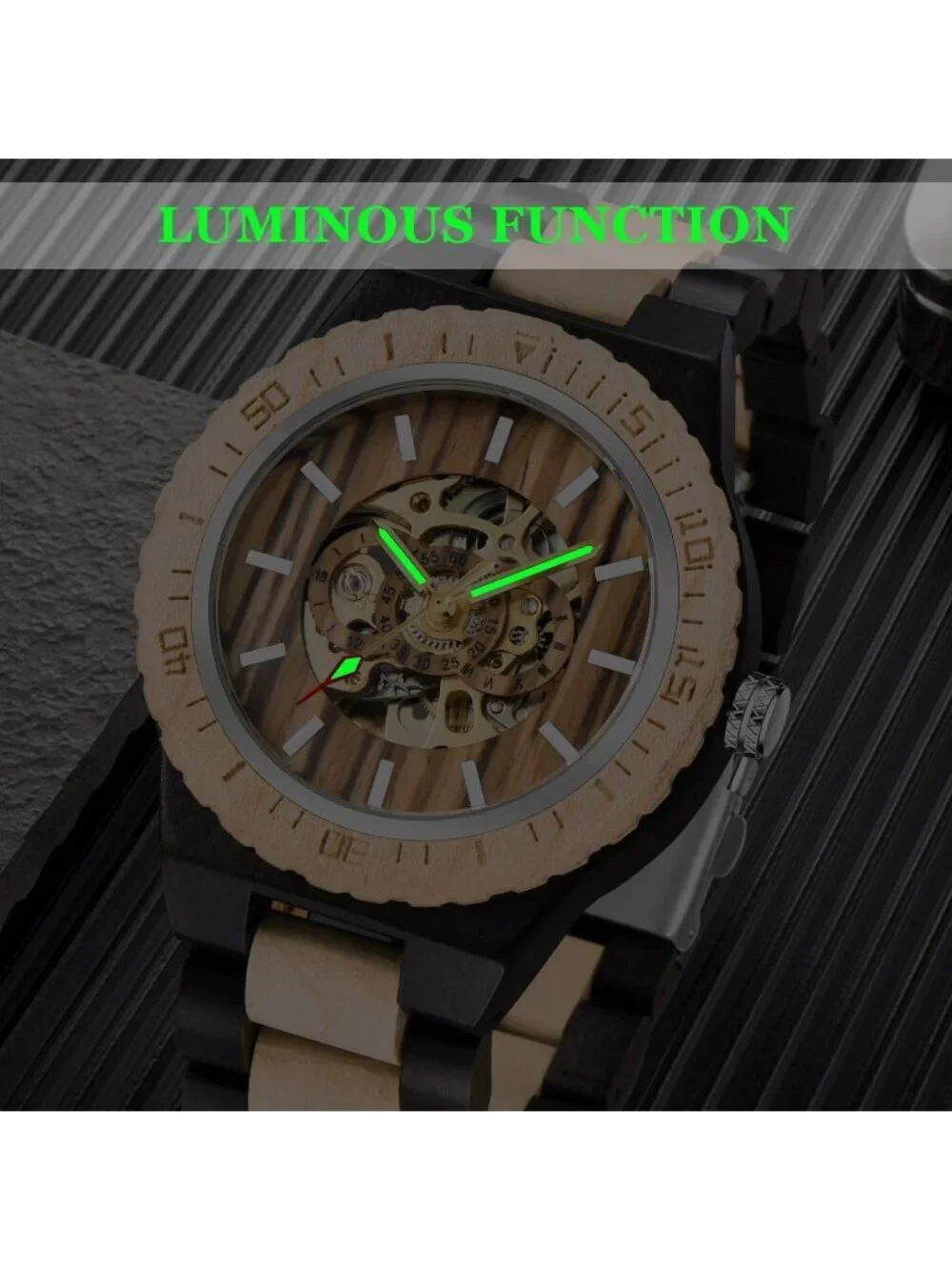 Men's Black And Beige Analog No Battery Fashion Mechanical Movement Wooden Watch